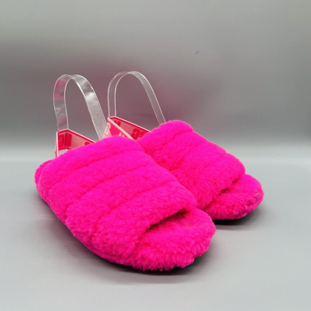 UGG Shoes Womens 7 Pink Shearling Fluff Yeah Slide Slingback Logo Strap Slippers - Picture 2 of 11